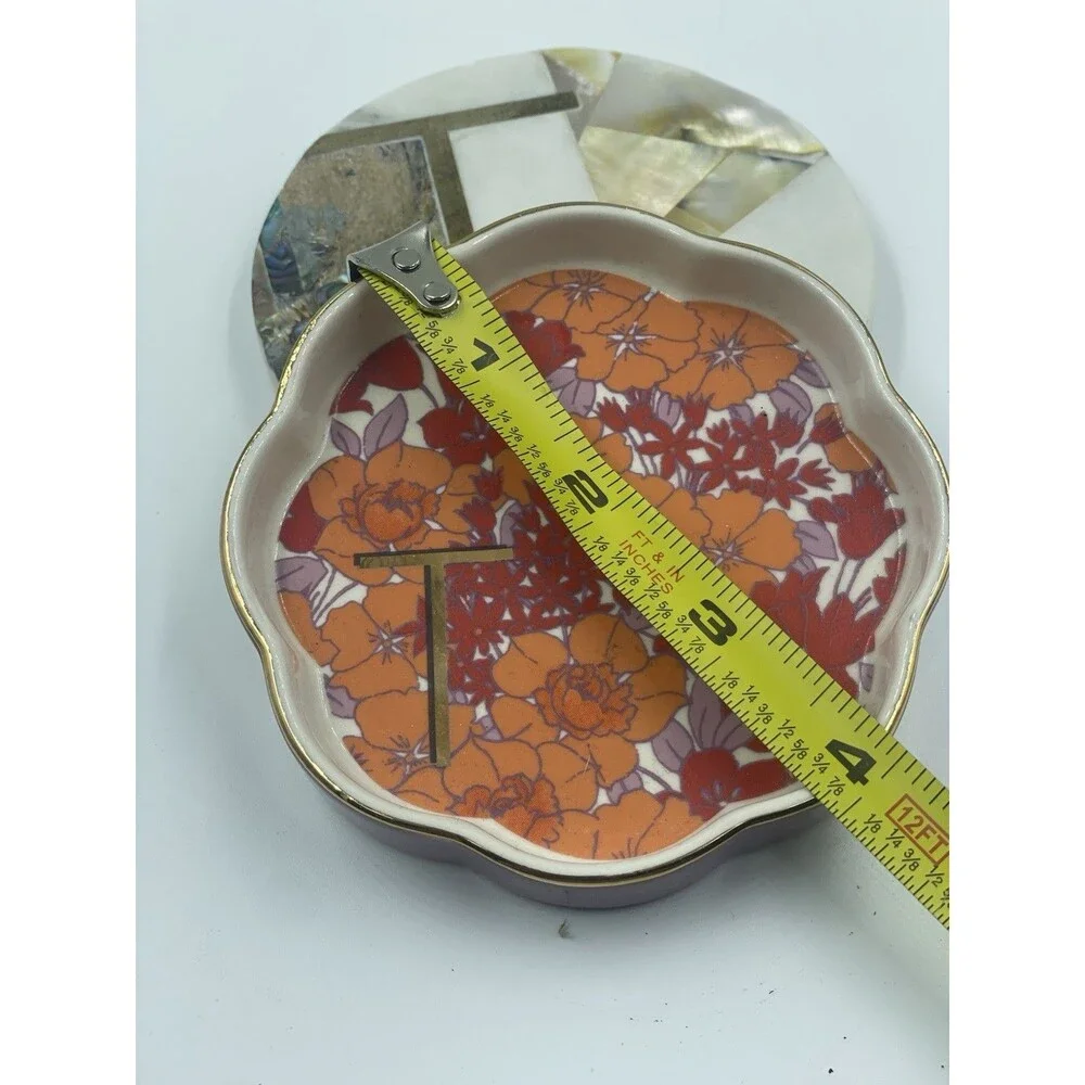 Anthropologie Monogram T Lid Trinket Dish Marble Abalone Floral Ceramic Coaster